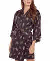 Icollection Women's Silky Self Tie Robe In Feather Print In Black