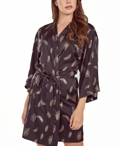 Icollection Women's Silky Self Tie Robe In Feather Print In Black
