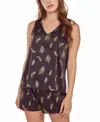 Icollection Women's Silky Tank Pajama Set In Feather Print In Black