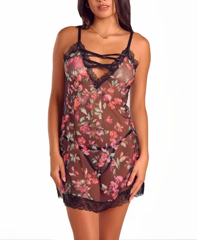 Icollection Womens Floral Lace Up Chemise Lingerie Set In Black