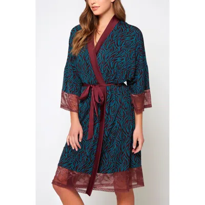 Icollection Zebra Print Lace-trim Robe In Blue
