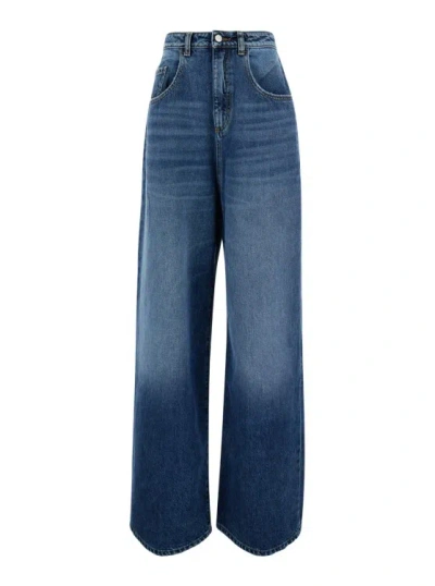 Icon Denim Blue High Waisted Wide Jeans In Cotton Denim In Gold