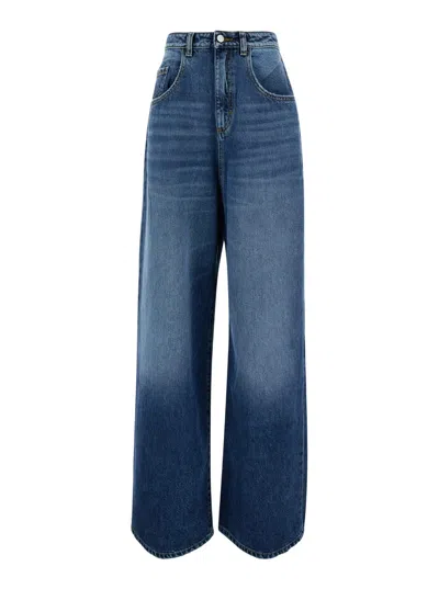 Icon Denim Blue High Waisted Wide Jeans In Cotton Denim Woman