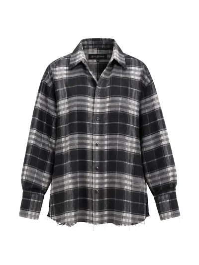 Icon Denim Check-pattern Frayed Shirt In Black