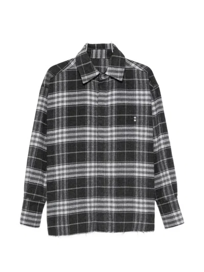 Icon Denim Check-pattern Raw-cut Shirt In Blue
