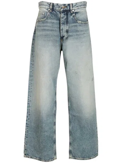 Icon Denim Denim Blue Cotton Faded Distressed Jeans With Star Embroidery At Back, Thigh Whiskering &