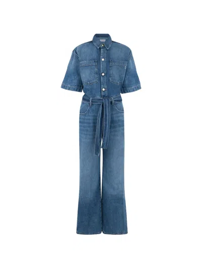 Icon Denim Duna Belted Short-sleeve Denim Jumpsuit In Blue