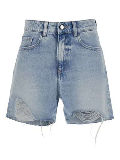 ICON DENIM FRAYED LOGO-PATCH DENIM SHORTS