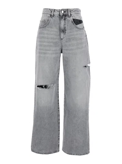 Icon Denim Grey High Waisted Jeans With Ripped Details In Denim Woman