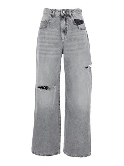 ICON DENIM GREY HIGH WAISTED JEANS WITH RIPPED DETAILS IN DENIM WOMAN