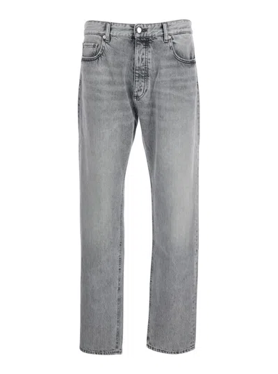 ICON DENIM GREY PANTS WITH BELT LOOPS AND REAR LOGO PATCH