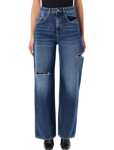 Icon Denim High-waist Distressed Wide-leg Jeans In Mid Dark Blue