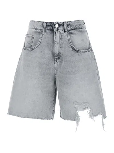 Icon Denim Lea Grey Bermuda Pants With Front Ripped Details And Logo Patch On The Rear In Denim Woman