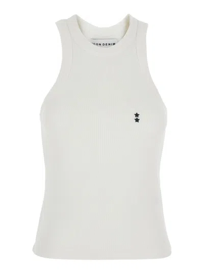 Icon Denim Logo Patch Sleeveless Cotton Top With Round Neck In White