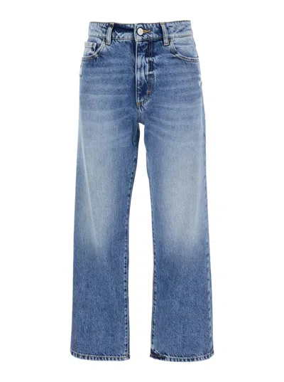 ICON DENIM LIGHT BLUE JEANS WITH LOGO PATCH ON THE REAR AND RIPPED DETAIL ON THE REAR IN DENIM WOMAN