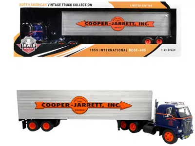 Iconic Replicas 1959 International Dcof-405 Truck With Box Trailer Cooper Jarrett Inc. Dark Blue Orange Stripes 1/43 In Multi