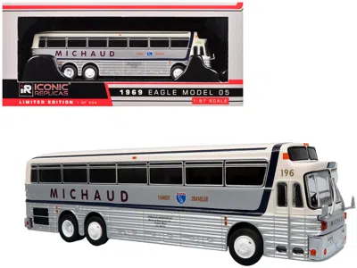 Iconic Replicas 1969 Eagle Model 05 Coach Bus "michaud Bus Lines Yankee Traveler" White And Silver With Black Stripe In Gray
