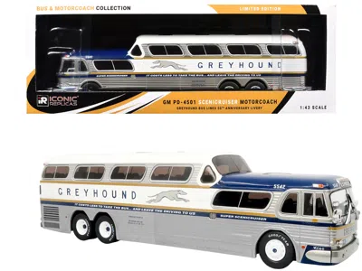 Iconic Replicas Gm Pd-4501 Scenicruiser Coach Bus "greyhound Bus Lines - 50th Anniversary" Raw Metal With Blue And W