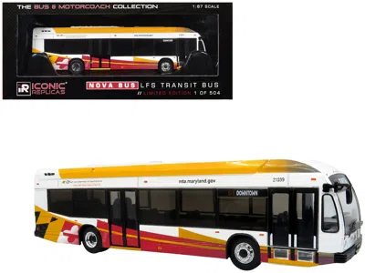 Iconic Replicas Nova Bus Lfsh Hybrid Transit Bus Mta Maryland White Red Yellow Graphics 1/87 Ho Limited Edition 504  In Multi