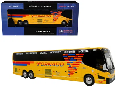 Iconic Replicas Prevost H3-45 Coach Bus "tornado Bus Company" Yellow With Graphics Limited Edition 1/87 (ho) Diecast
