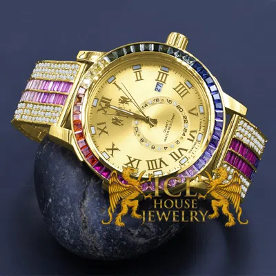 Pre-owned Icy Baguette Rainbow Multi Tone Roman Face Gold Custom Real Diamond Watch