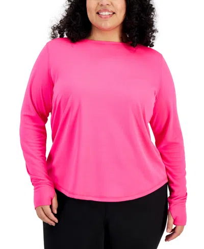 Id Ideology Plus Size Birds Eye Mesh Long-sleeve Top, Created For Macy's In Molten Pink