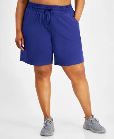 Id Ideology Plus Size Comfort Flow High Rise Shorts, Created For Macy's In Tartan Blue