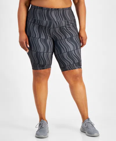 Id Ideology Plus Size Compression Geo-print 10" Bike Shorts, Created For Macy's In Deep Black
