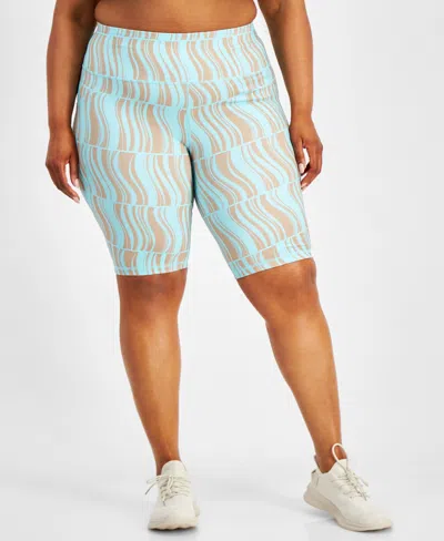 Id Ideology Plus Size Compression Geo-print 10" Bike Shorts, Created For Macy's In Ocean Sigh