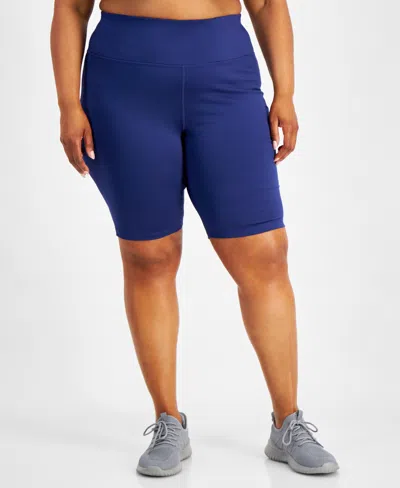 Id Ideology Plus Size Essentials High Waist Bike Shorts, Created For Macy's In Tartan Blue