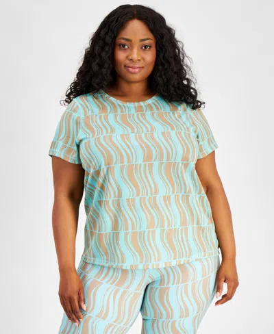 Id Ideology Plus Size Geo-print Mesh Short-sleeve Top, Created For Macy's In Ocean Sigh