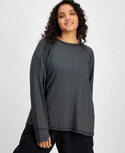 Id Ideology Plus Size Metallic Thumbhole Long-sleeve Top, Created For Macy's In Deep Black