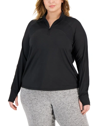 Id Ideology Plus Size Quarter Zip Long Sleeve Top, Created For Macy's In Deep Black