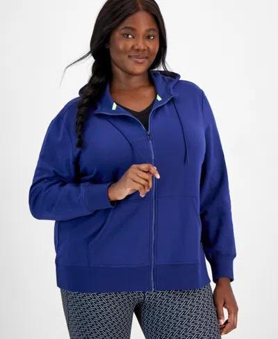 Id Ideology Plus Size Relaxed Full-zip Fleece Hoodie, Created For Macy's In Tartan Blue
