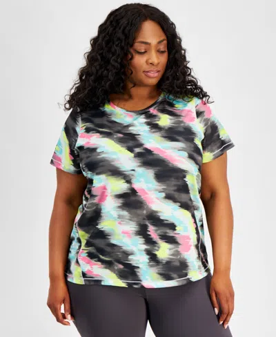 Id Ideology Plus Size Shibori Wave Mesh Short-sleeve Top, Created For Macy's In Grey