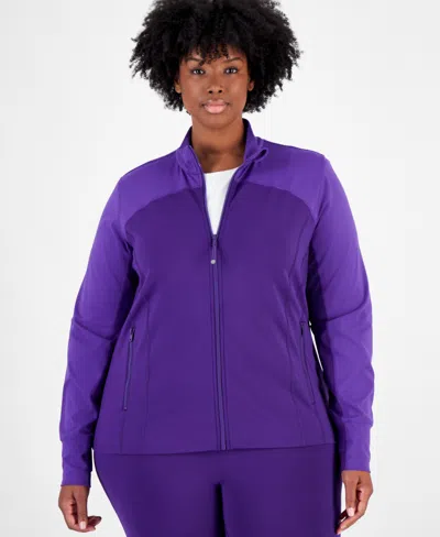 Id Ideology Plus Size Soft Flex Colorblocked Zip-up Top, Created For Macy's In Violet Indigo
