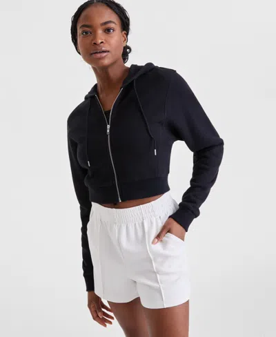 Id Ideology Women's Cropped Full-zip Knit Hoodie, Exclusively At Macy's In Deep Black
