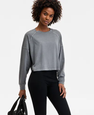 Id Ideology Women's Distressed Long-sleeve Cropped Top, Exclusively At Macy's In Gray