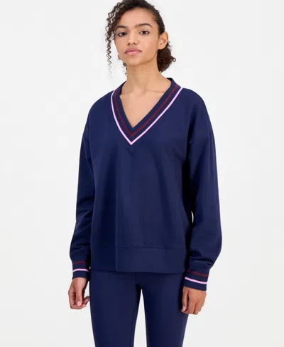 Id Ideology Women's Fleece Long-sleeve V-neck Sweater, Macy's Exclusive In Blue