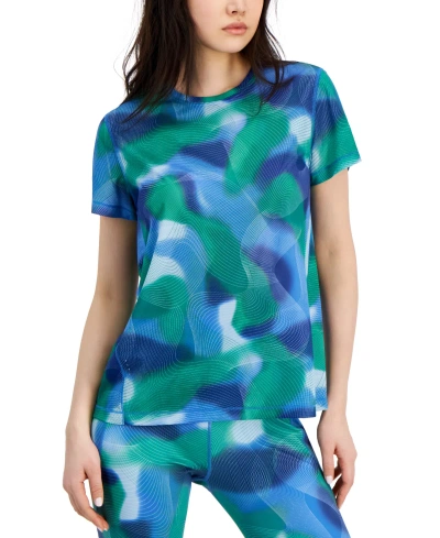 Id Ideology Women's Printed Waves Mesh Short Sleeve Shirt, Created For Macy's In Tartan Blue