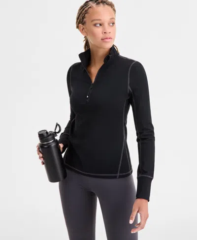 Id Ideology Women's Studio Quarter-zip Contrast-stitch Top, Macy's Exclusive In Black
