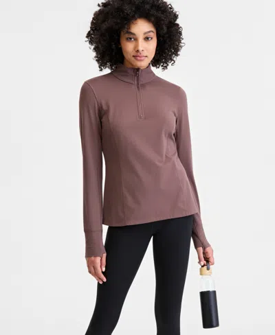 Id Ideology Women's Studio Quarter-zip Pullover Top, Macy's Exclusive In Brown