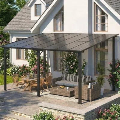 Idealhouse 10'x14' Lean To Gazebo, Hardtop Gazebo Pergola With Gutters & Sloped Roof, Large Wall Mounted Heavy  In Black