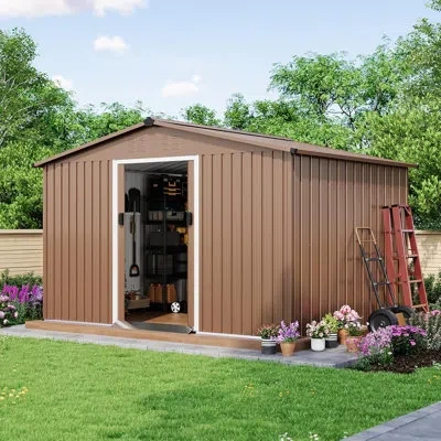 Idealhouse 10x8ft Large Metal Outdoor Storage Shed,galvanized Steel Arden Tool Shed With Lockable Double Doors  In Brown