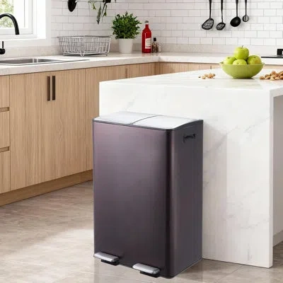 Idealhouse 16 Gal Dual Trash Can For Kitchen, 2 X 30 L Stainless Steel Garbage Can With Lid, Double Compartment In Brown