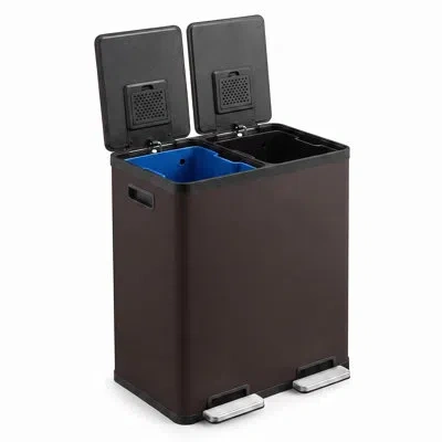 Idealhouse 16 Gallon Dual Compartment Stainless Steel Trash Can With Lid, Two Removable 8-gallon Inner Buckets, In Dark Brown