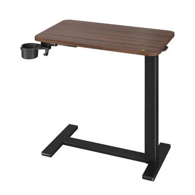 Idealhouse 1pc Adjustable Height Overbed Table With Cup Holder, Pneumatic Sit-stand Rolling Desk, Walnut Wood T In Brown,black