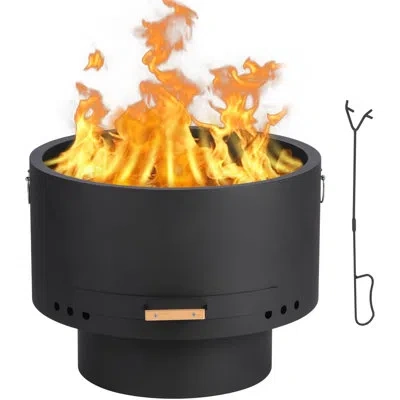 Idealhouse 26 Inch Smokeless Fire Pit, 2-in-1 Carbon Steel Wood Burning Stove With Removable Ash Pan, Wooden Li