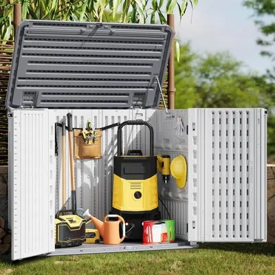 Idealhouse 35 Cu Ft Outdoor Storage Cabinet, Waterproof Outdoor Resin Storage Box, Outdoor Trash Can Storage Fo In White