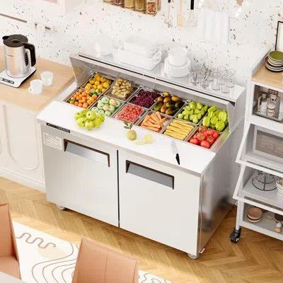 Idealhouse 48" Sandwich Prep Table Refrigerator, Stainless Steel Dual Door With 12 Food Pans, Commercial Refrig In Silver